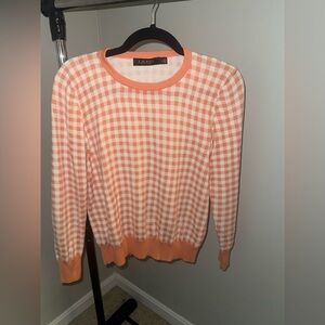 Lauren Ralph Lauren Orange White Gingham Knit Pullover Sweater L